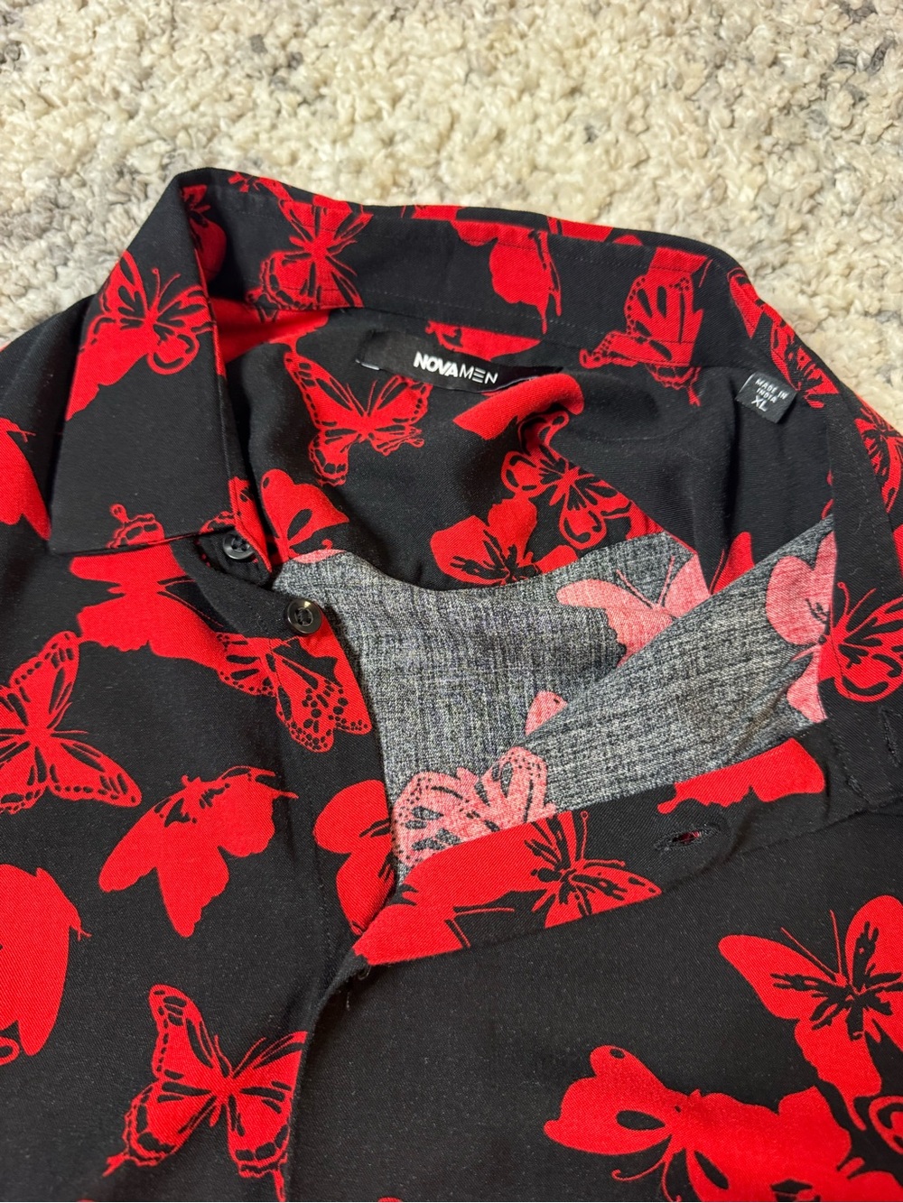 Fashion Nova, Men’s Black Long Sleeve Button-Down Shirt with Red Butterfly Print - Picture 5 of 6